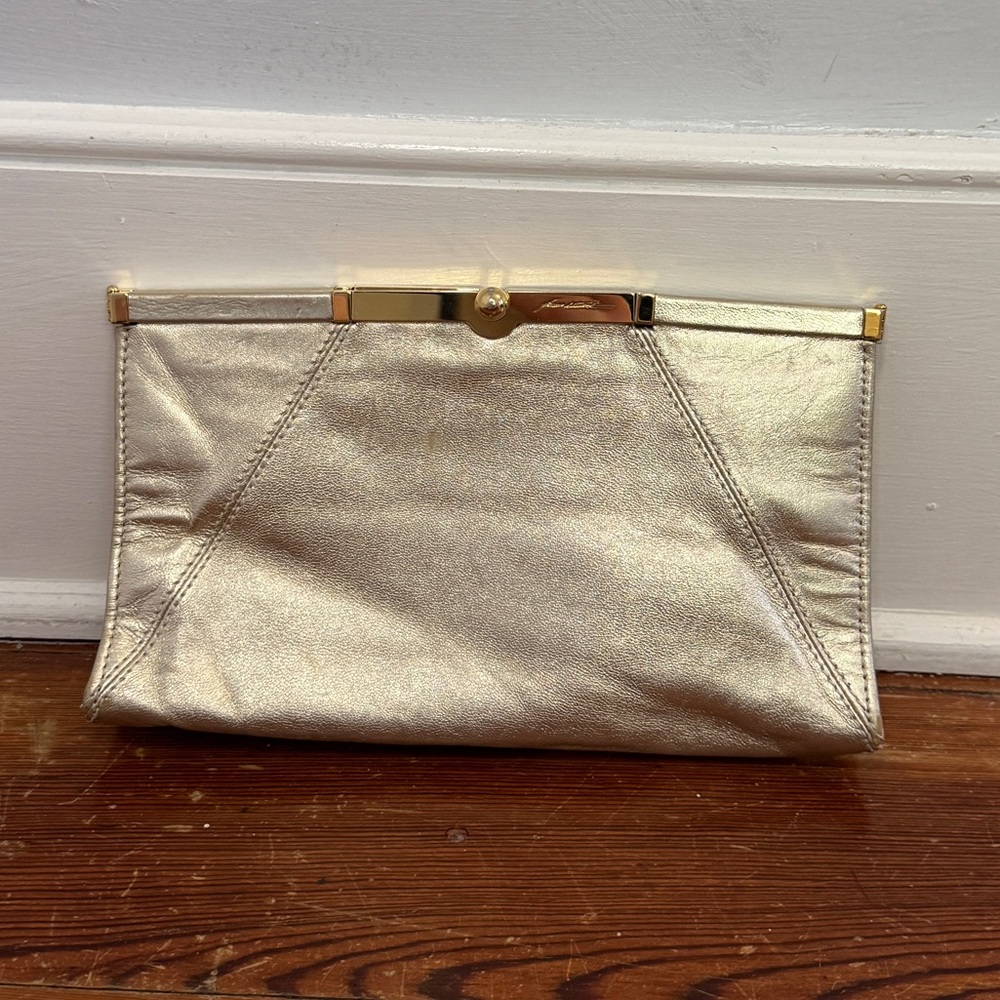 Brian Atwood Gold Metallic Leather Frame Clutch Bag Italy - Read